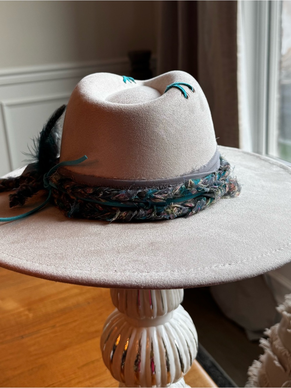 Hand Crafted Cream Vegan Suede Wide Brim Hat with Teal/Gray Accents - Picture 5 of 11